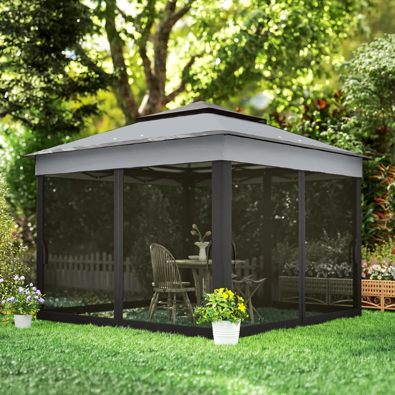 Outsunny 10.7 x 10.7ft Pop Up Gazebo, Adjustable Instant Sun Shelter with UV30+ Roof Cover, Removable Mesh Curtains, Dark Grey