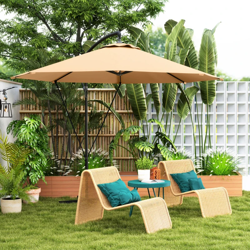 Outsunny 9.5' Cantilever Umbrella with Wind Protection Strap and Cover, Hanging Umbrella with Crank and Cross Base, Khaki