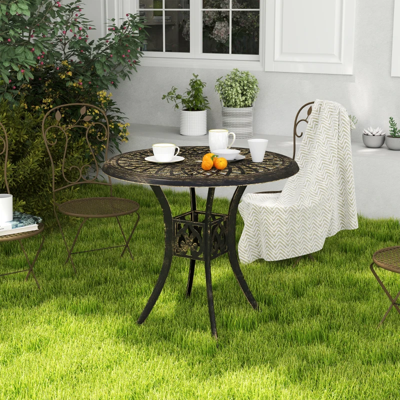 Outsunny 30-inch Round Patio Dining Table with Umbrella Hole Cast Aluminium Outdoor Bistro Table, Brown