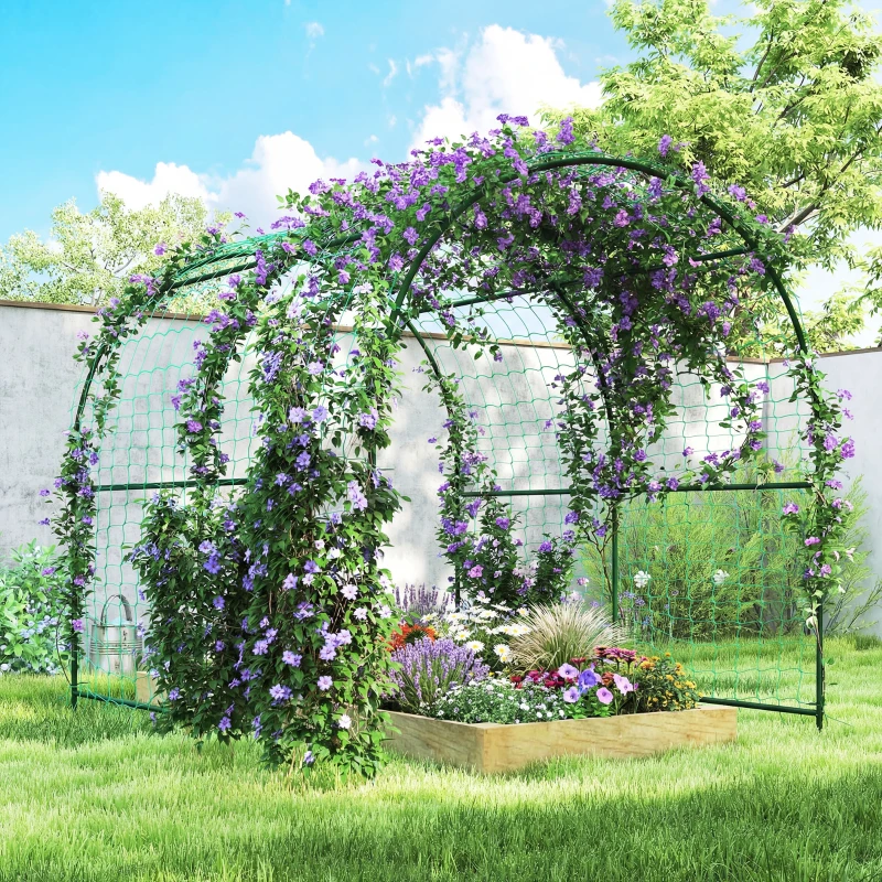 Outsunny Garden Arch Trellis for Climbing Plants Outdoor, 7.1FT Tall Cucumber Trellis with Climbing Net for Backyard, Lawn