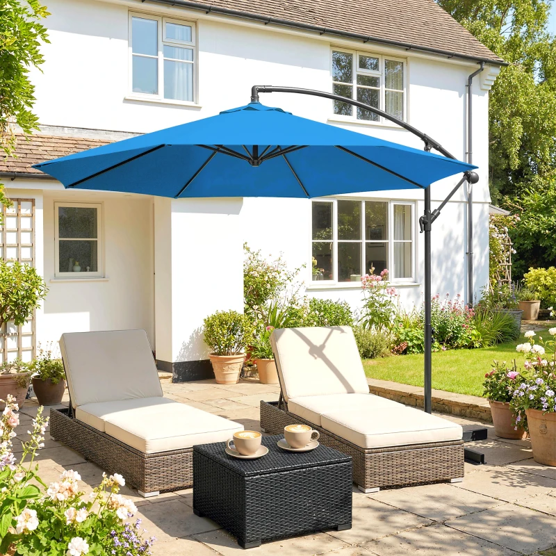 Outsunny 10ft Offset Patio Umbrella with Base, Garden Hanging Parasol with Crank, Banana Cantilever Umbrella Sun Shade, Blue