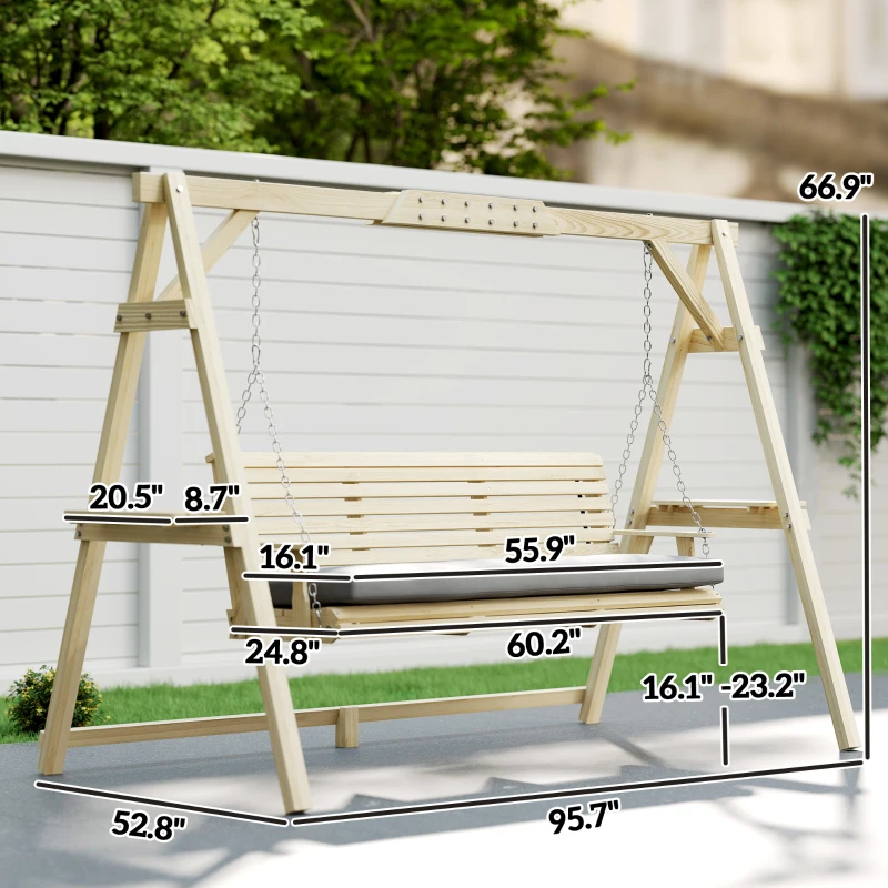 Outsunny 3 Seat Wooden Porch Swing with Stand, Patio Swing with Cushion, for Garden, Poolside, Backyard, Natural Wood