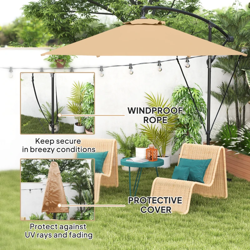 Outsunny 9.5' Cantilever Umbrella with Wind Protection Strap and Cover, Hanging Umbrella with Crank and Cross Base, Khaki
