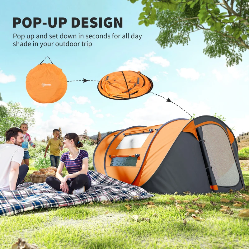 Outsunny 4 Person Camping Tent, Easy Pop Up Tent with Doors, Windows and Carry Bag, Automatic Setup Tent for Hiking, Orange