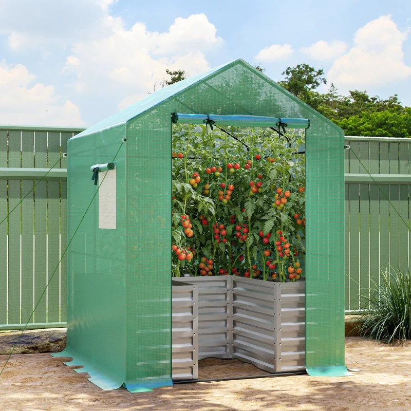 Outsunny Greenhouse with Raised Garden Bed, Galvanized Metal Planter Box with PE Cover, Roll Up Door, 56" x 56" x 75", Green
