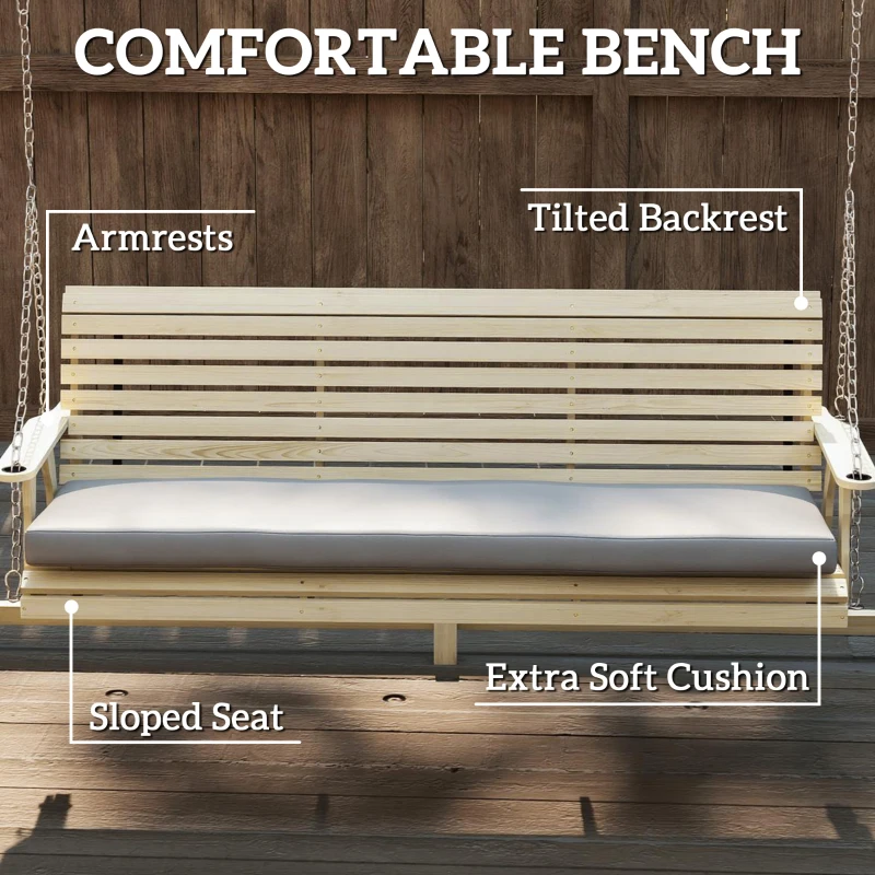 Outsunny 3 Seat Wooden Porch Swing with Stand, Patio Swing with Cushion, for Garden, Poolside, Backyard, Natural Wood