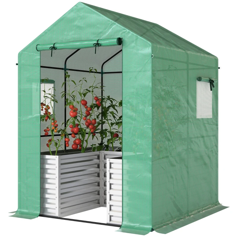 Outsunny Greenhouse with Raised Garden Bed, Galvanized Metal Planter Box with PE Cover, Roll Up Door, 56" x 56" x 75", Green