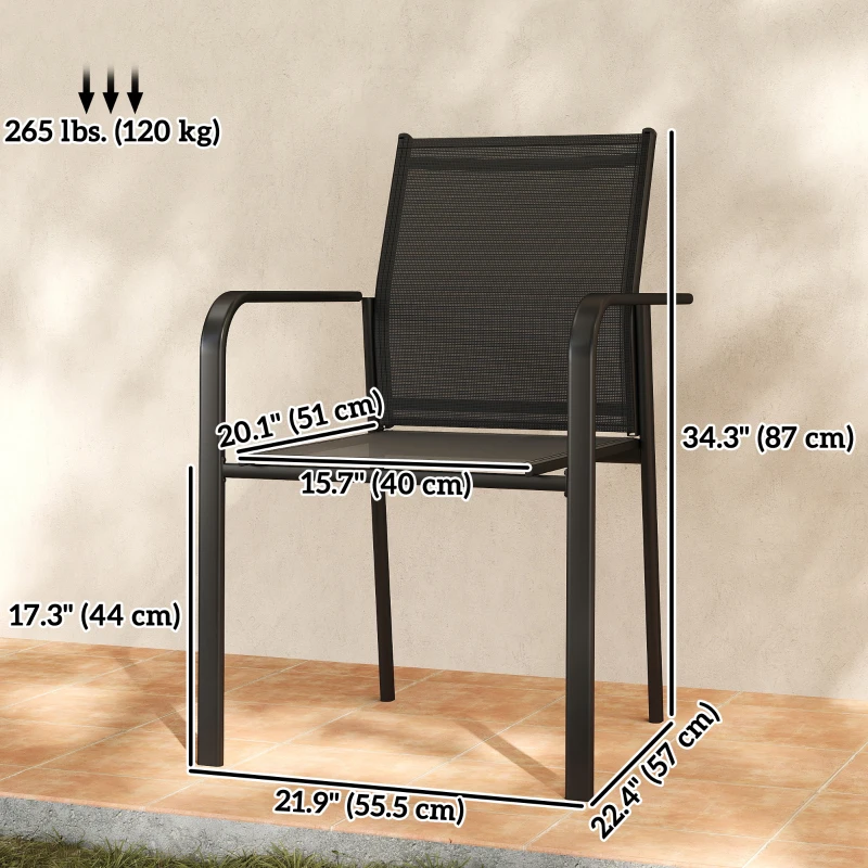 Outsunny Stackable Patio Chairs Set of 4, Outdoor Dining Chairs with 20" Deep Seat, All Weather Breathable Mesh, Armrests, Black