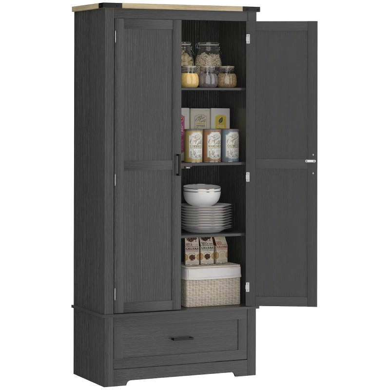 HOMCOM 69" Tall Farmhouse Kitchen Pantry Cabinet with 2 Doors, Drawer and Adjustable Shelves, Black and Brown