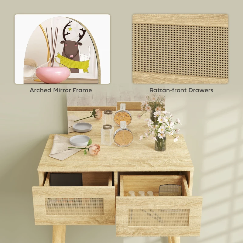 HOMCOM Vanity Desk, Makeup Vanity with with Mirror and 2 Drawers, Natural Wood