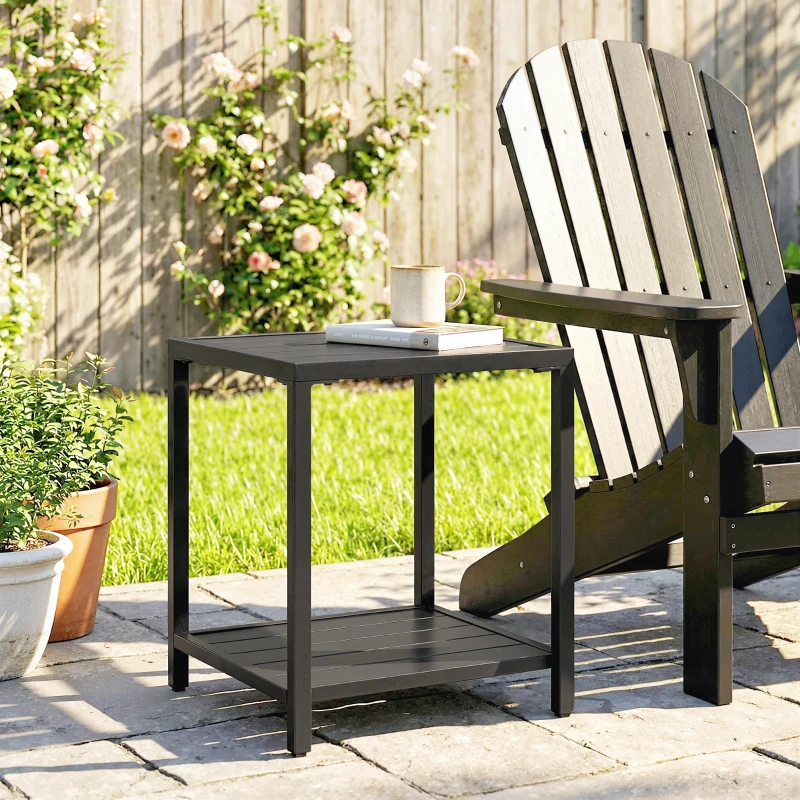 Outsunny Outdoor Coffee Table 2-Tier Patio Coffee Table with Storage Shelf, Adjustable Feet for Garden Balcony Poolside Black