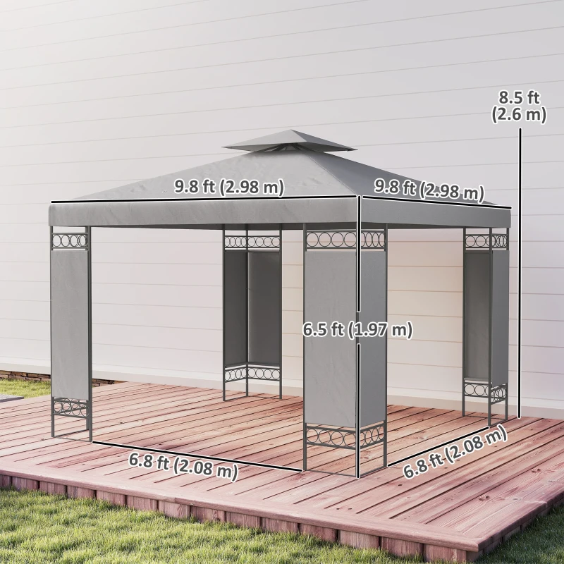 Outsunny 10 x 10 FT Canopy Gazebo, Double Roof Patio Gazebo with Screen Panels and Metal Frame for Deck, Backyard, Light Grey