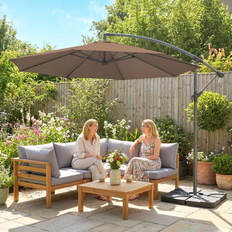 Outsunny 9.6ft Offset Patio Umbrella Garden Hanging Parasol Banana Cantilever Umbrella with Base, Crank, Coffee