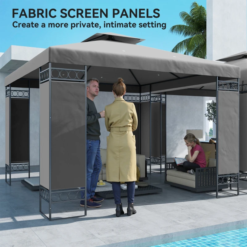 Outsunny 10 x 10 FT Canopy Gazebo, Double Roof Patio Gazebo with Screen Panels and Metal Frame for Deck, Backyard, Dark Grey