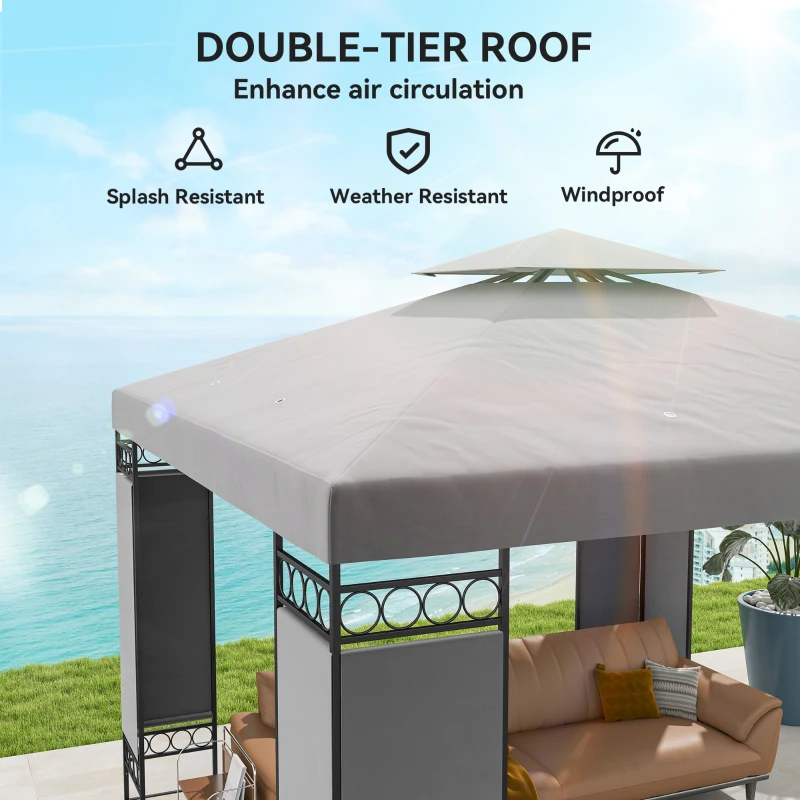 Outsunny 10 x 10 FT Canopy Gazebo, Double Roof Patio Gazebo with Screen Panels and Metal Frame for Deck, Backyard, Light Grey