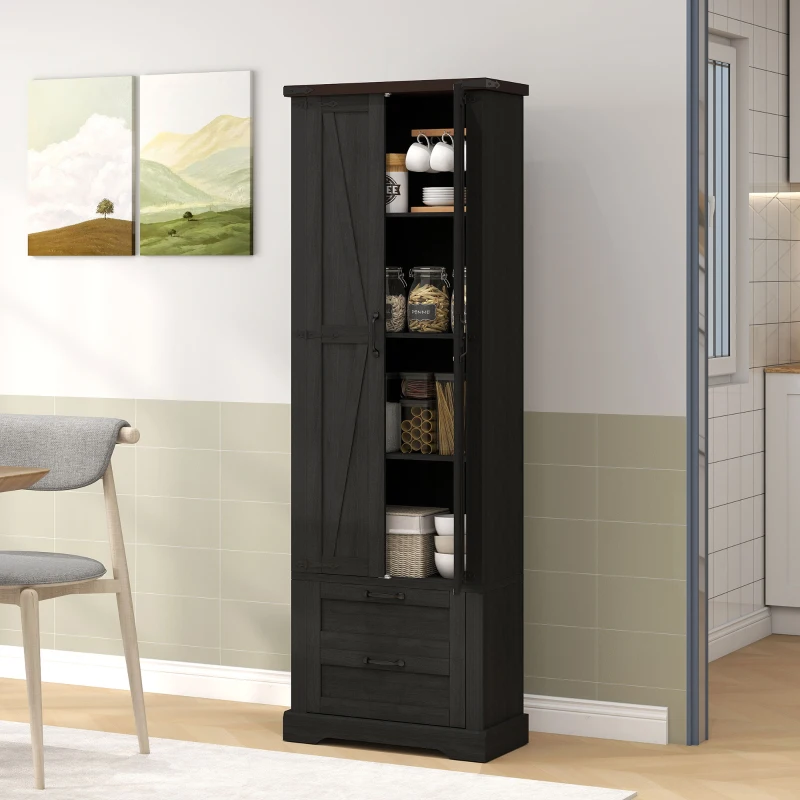 HOMCOM 71" Tall Kitchen Pantry Cabinet, Farmhouse Kitchen Storage Cabinet with 2 Drawer and Adjustable Shelves, Black