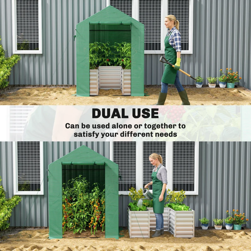 Outsunny Greenhouse with Raised Garden Bed, Galvanized Metal Planter Box with PE Cover, Roll Up Door, 56" x 56" x 75", Green