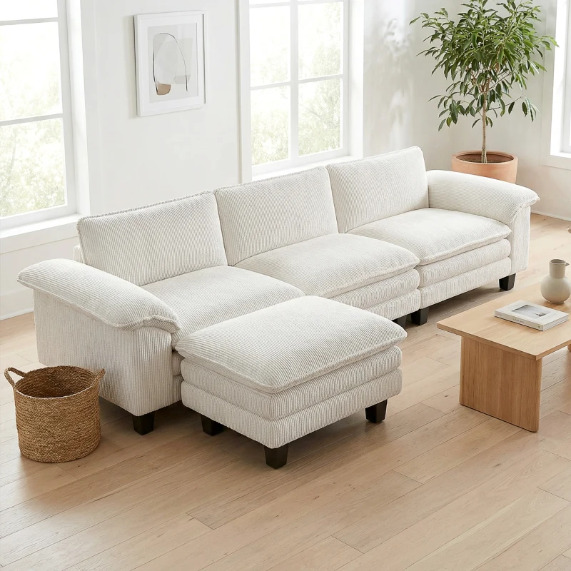 HOMCOM Sectional Sofa, L Shaped Couch with Deep Seat, Movable Ottoman and Pillow-top Armrests, Beige