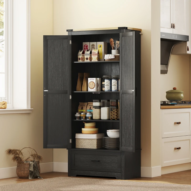 HOMCOM 69" Tall Farmhouse Kitchen Pantry Cabinet with 2 Doors, Drawer and Adjustable Shelves, Black and Brown