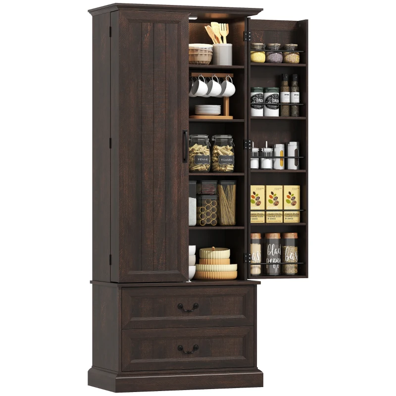 HOMCOM 72" LED Kitchen Pantry Cabinet, Buffet Storage Cabinet with 10 Door Shelves, 2 Drawers and Adjustable Shelves, Brown
