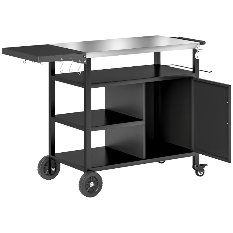 Outsunny Outdoor BBQ Stand with Foldable Side Table, Stainless Steel Top, Pizza Oven Table with Wheels Hooks Shelves