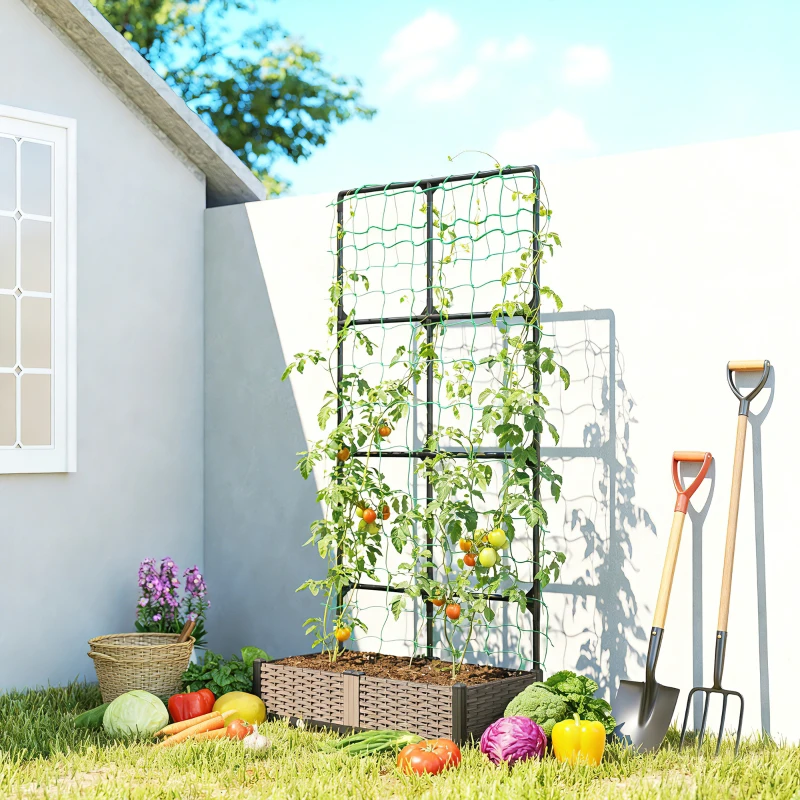 Outsunny 2PCS Plastic Planter Box with Trellis, Self-Watering Raised Garden Bed with Trellis and Netting