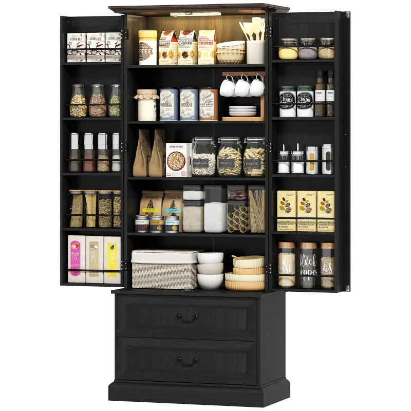 HOMCOM 72" LED Kitchen Pantry Cabinet, Buffet Storage Cabinet with 10 Door Shelves, 2 Drawers and Adjustable Shelves, Black