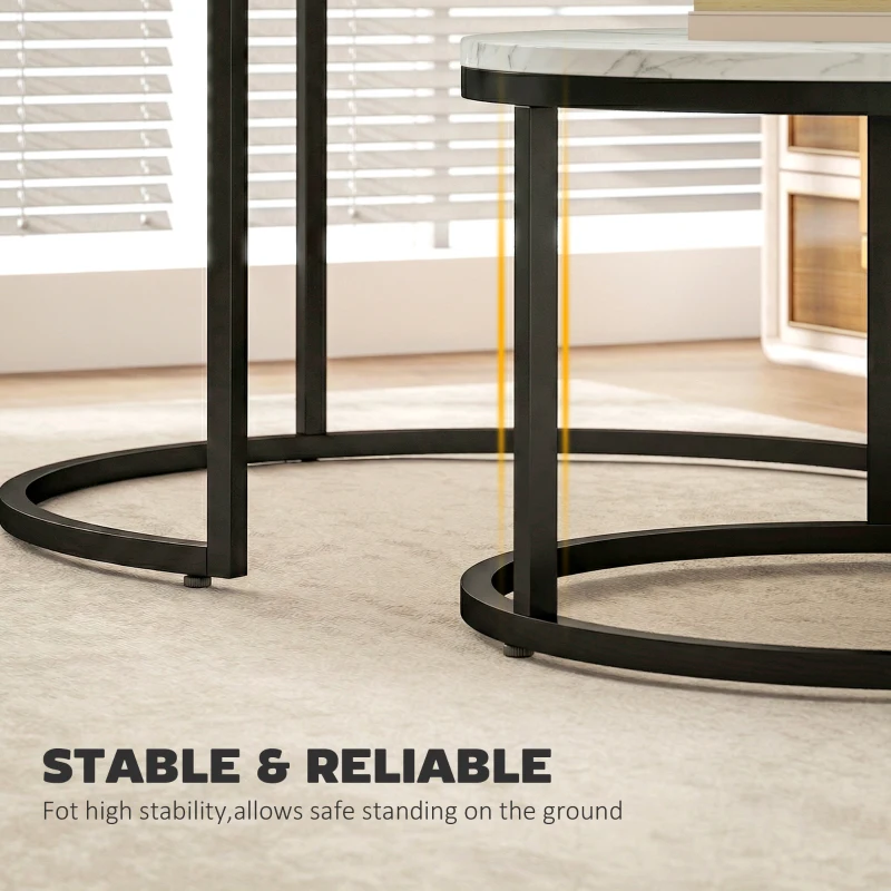 HOMCOM Modern Coffee Table Set of 2, Nesting Side Tables w/ Metal Base for Living Room Bedroom Office Marble White