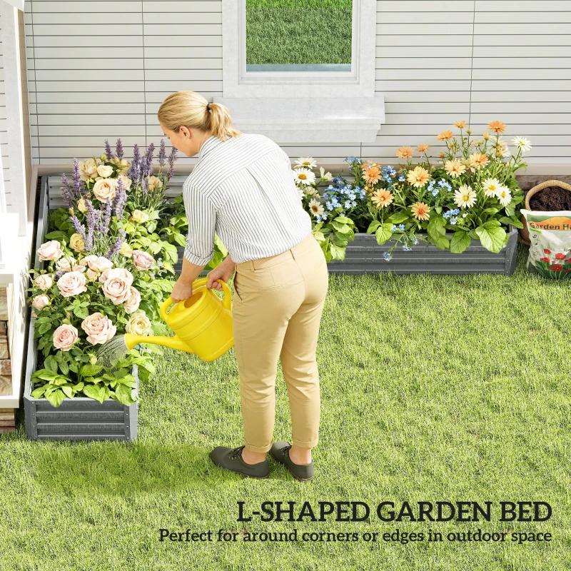 Outsunny L-Shaped Raised Garden Bed, 82" x 109" x 12" Galvanized Steel Planter Box with Multi-reinforced Rods for Vegetables, Flowers and Herbs, Light Grey