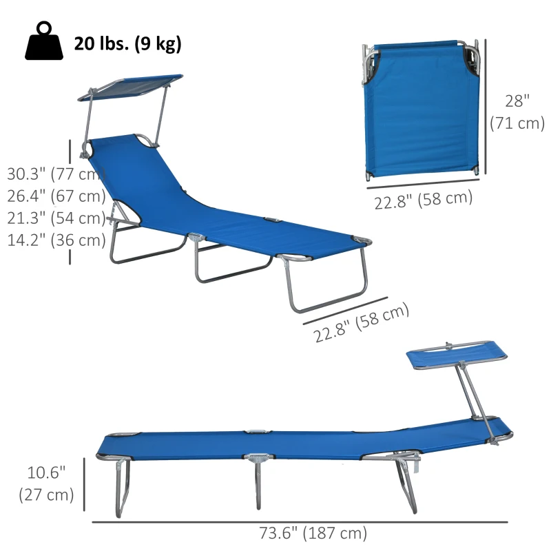 Outsunny 2Pcs Outdoor Lounge Chair, Adjustable Folding Chaise Lounge with Sun Shade for Beach, Camping, Hiking, Blue