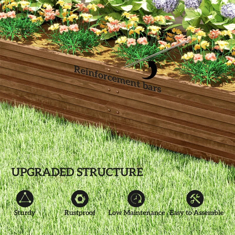 Outsunny L-Shaped Raised Garden Bed, 82" x 109" x 12" Galvanized Steel Planter Box with Multi-reinforced Rods for Vegetables, Flowers and Herbs, Dark Brown Wood Effect