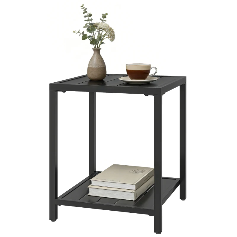 Outsunny Outdoor Coffee Table 2-Tier Patio Coffee Table with Storage Shelf, Adjustable Feet for Garden Balcony Poolside Black