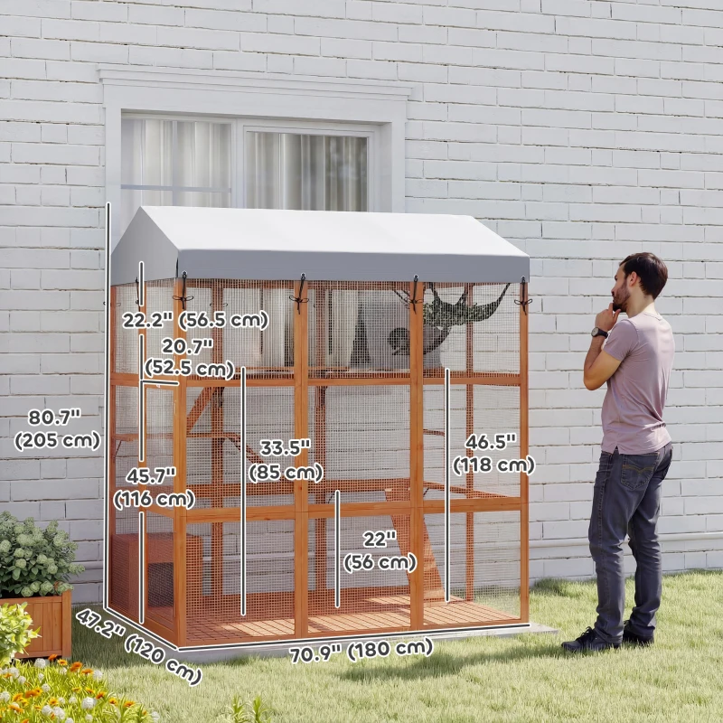 PawHut 81"H Catio Outdoor with Floor to Prevent Escaping & Easy Cleaning, for 2-4 Cats Kittens, Orange