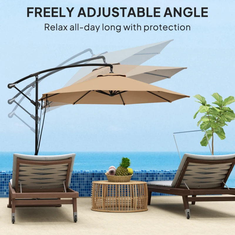 Outsunny 9.5' Cantilever Umbrella with Wind Protection Strap and Cover, Hanging Umbrella with Crank and Cross Base, Khaki
