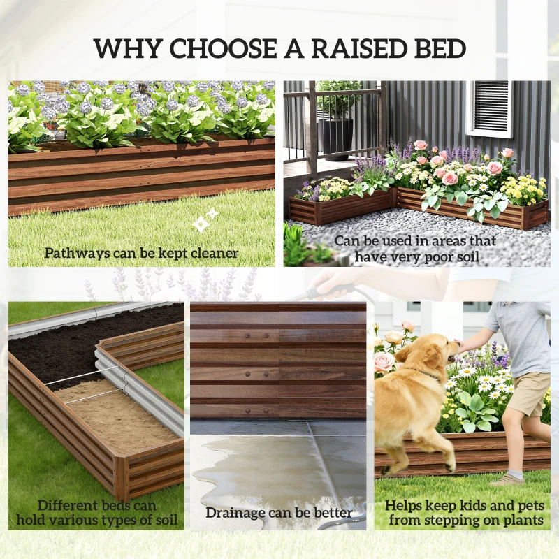 Outsunny L-Shaped Raised Garden Bed, 82" x 109" x 12" Galvanized Steel Planter Box with Multi-reinforced Rods for Vegetables, Flowers and Herbs, Dark Brown Wood Effect