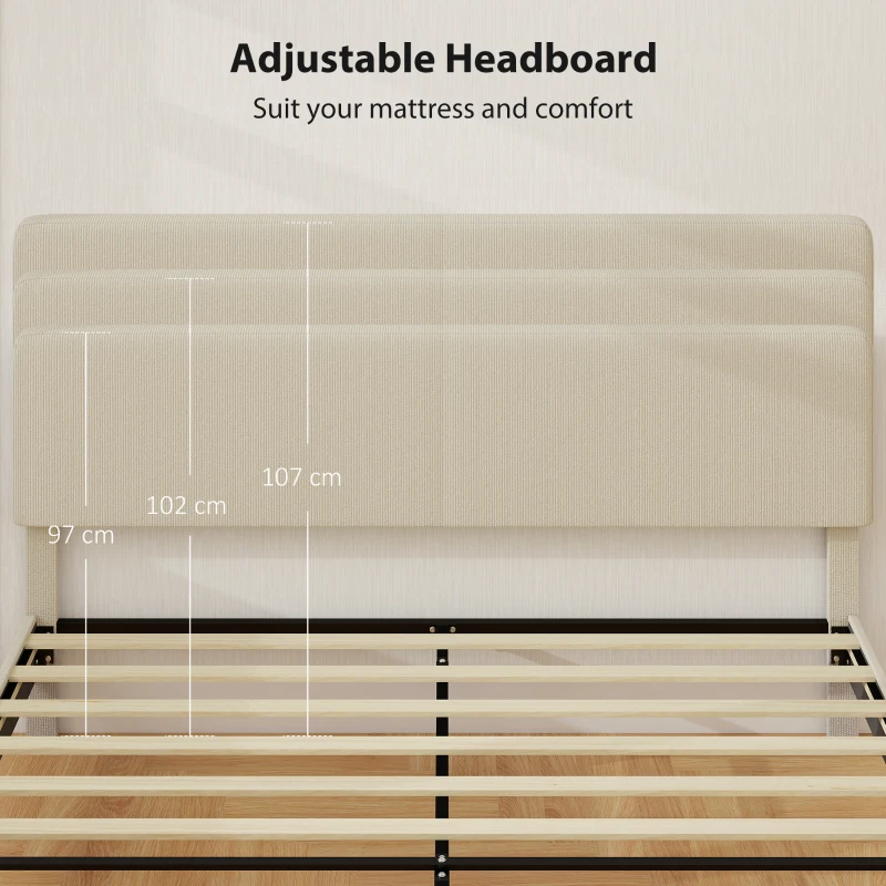 HOMCOM Queen Size Bed Frame with Adjustable Upholstered Headboard Platform Bed Frame Wood Slat Support Noise Free Light Grey