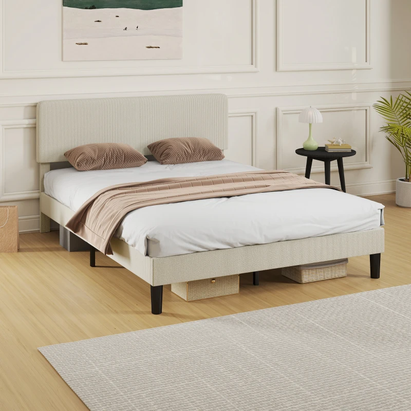 HOMCOM Queen Size Bed Frame with Adjustable Upholstered Headboard Platform Bed Frame Wood Slat Support Noise Free Light Grey