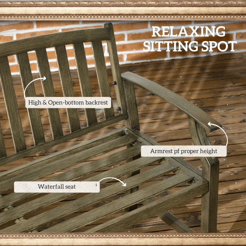 Outsunny Outdoor Garden Bench, Metal Bench, Wood Look Slatted Frame Furniture for Patio, Park, Porch, Lawn, Yard, Deck, Black