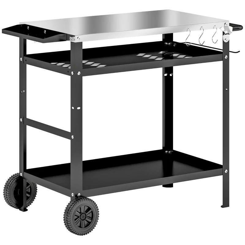 Outsunny BBQ Stand with Stainless Steel Top Adjustable Shelf, Outdoor BBQ Station with Hooks Seasoning Tray Towel Rack