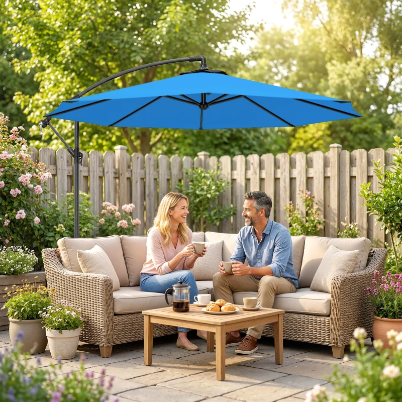 Outsunny 10ft Offset Patio Umbrella with Base, Garden Hanging Parasol with Crank, Banana Cantilever Umbrella Sun Shade, Blue