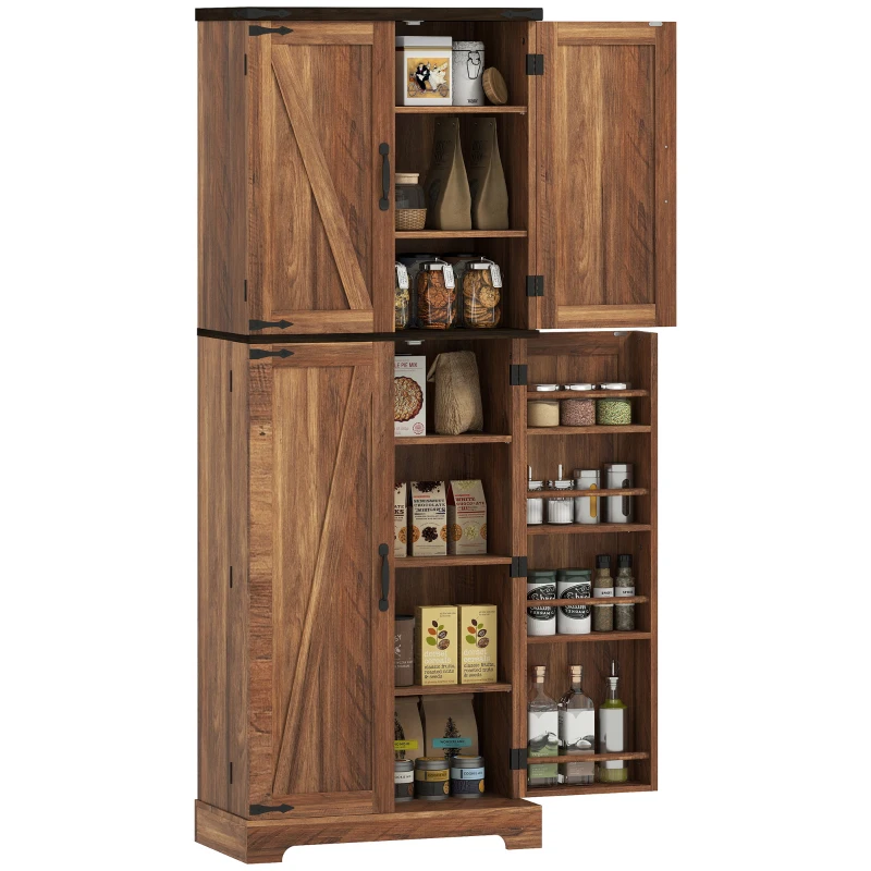 HOMCOM 64" Tall Kitchen Pantry Cabinet with Spice Racks and Adjustable Shelves, Brown Wood Grain