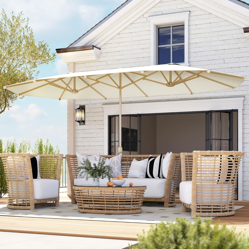 Outsunny Double Garden Parasol 179.1"W x 104.3"D with Crank, 12 Steel Ribs & 180g/㎡ Polyester, UV30+ Protection, Beige