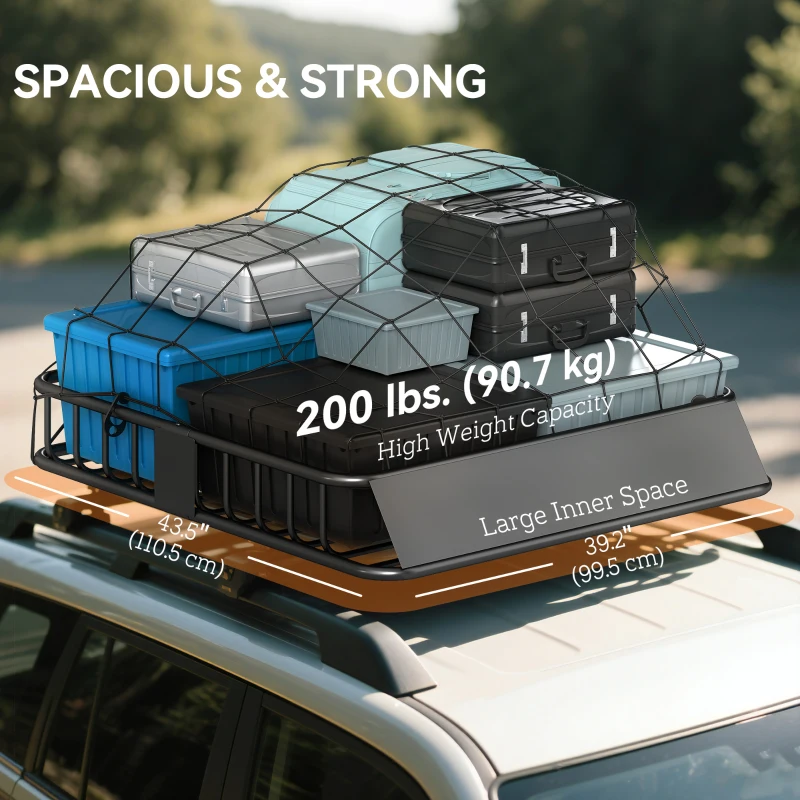 HOMCOM Universal Roof Rack Basket, 200lbs Steel Roof Rack Cargo Carrier with Wind Fairing, Side Rails, 43.5"x39.2"x7.3", Black