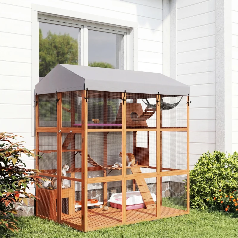PawHut 81"H Catio Outdoor with Floor to Prevent Escaping & Easy Cleaning, for 2-4 Cats Kittens, Orange