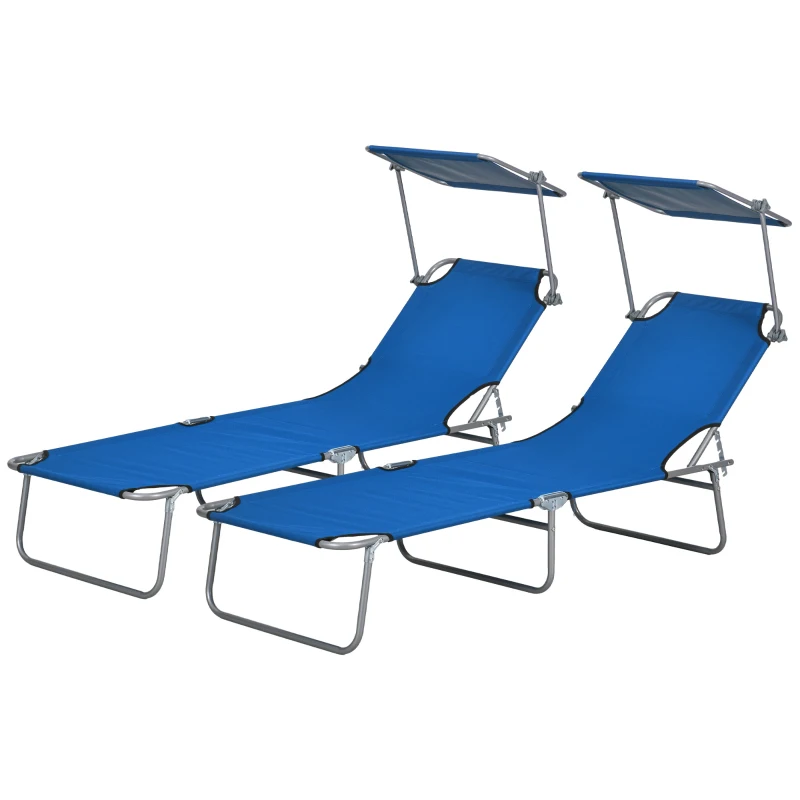 Outsunny 2Pcs Outdoor Lounge Chair, Adjustable Folding Chaise Lounge with Sun Shade for Beach, Camping, Hiking, Blue