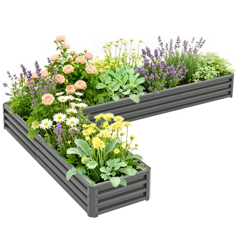 Outsunny L-Shaped Raised Garden Bed, 82" x 109" x 12" Galvanized Steel Planter Box with Multi-reinforced Rods for Vegetables, Flowers and Herbs, Light Grey