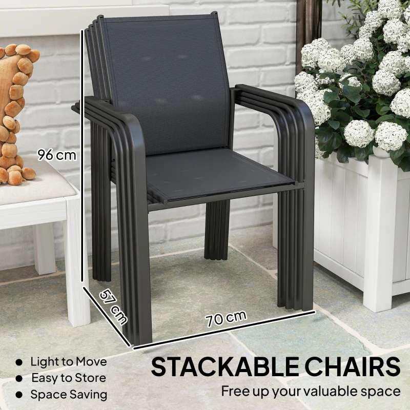 Outsunny Stackable Patio Chairs Set of 4, Outdoor Dining Chairs with 20" Deep Seat, All Weather Breathable Mesh, Armrests, Black