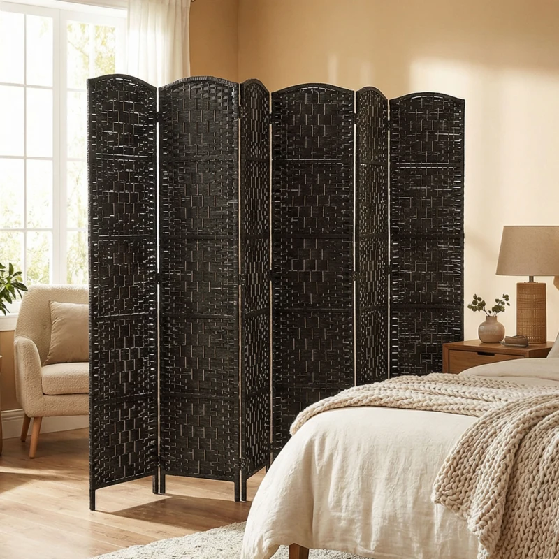 HOMCOM Room Divider, 6 Panel Folding Privacy Screen, 6FT Tall Portable Weave Partition Wall Divider for Bedroom, Coffee