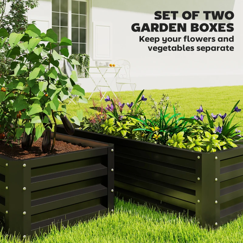 Outsunny Galvanized Raised Garden Beds, Outdoor Planter Box, Set of 2, for Flowers, Herbs and Vegetables, Black
