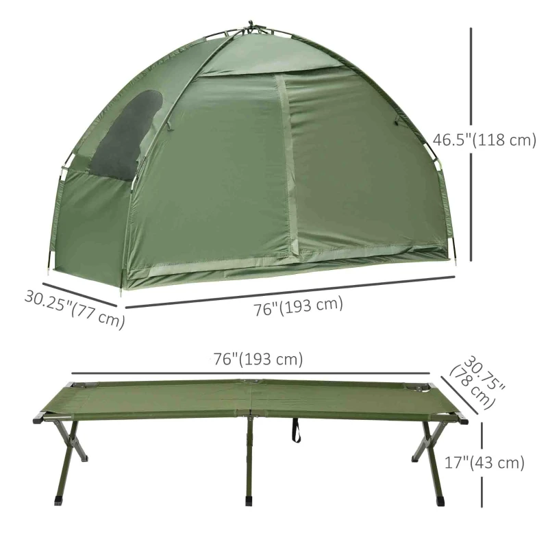 Outsunny Compact Pop Up Portable Folding Outdoor Elevated Camping Cot Tent Combo Set Dark Green